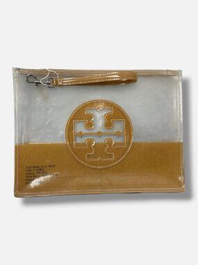 Tory Burch Women's Brown Clear Front Logo Top Zipper Ella Wristlet Pouch Bag